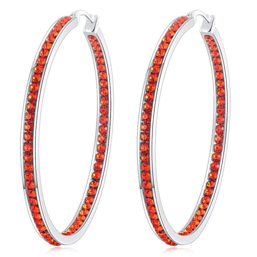 14K White Gold with Ruby Red Cubic Zirconia Big Hoop Latch Back Earrings